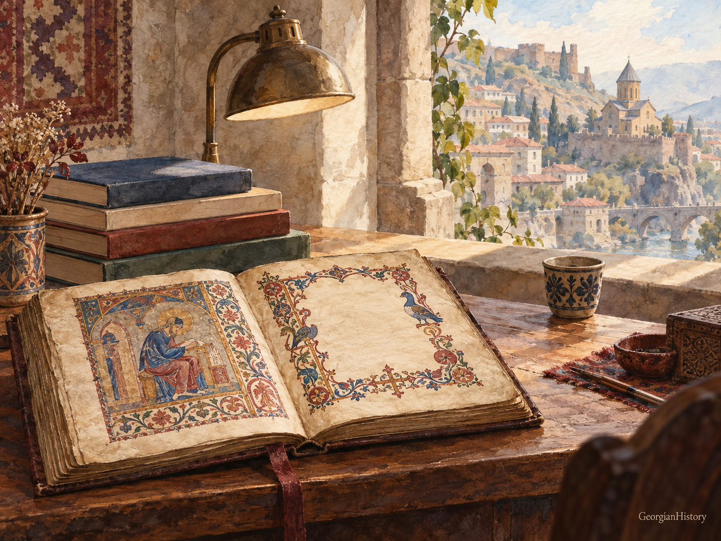 Акварель: раскрытая иллюминированная рукопись и современные книги на столе у окна