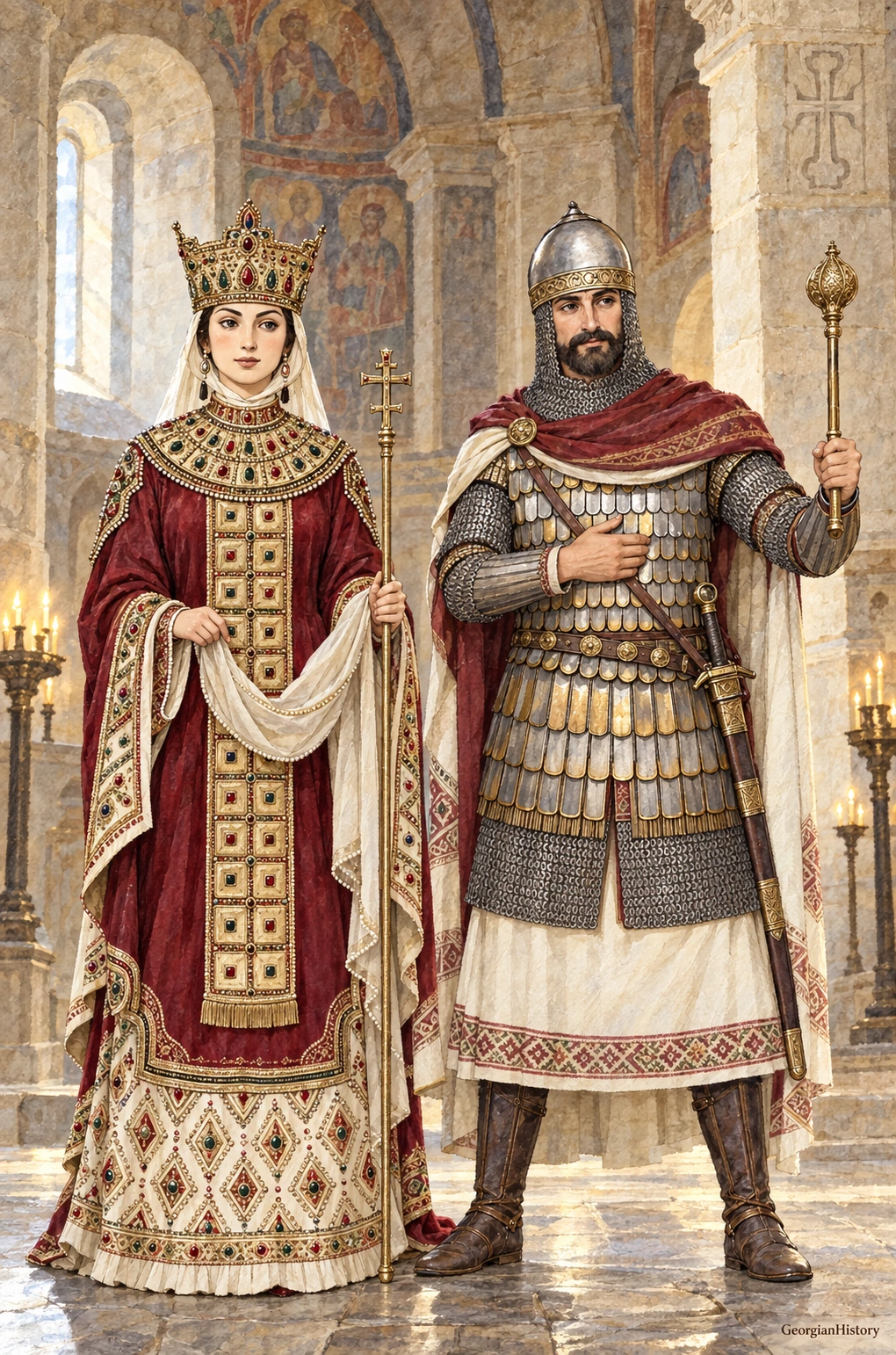 Акварель: царица и вооружённый вельможа с церемониальной булавой в грузинском храме, в полный рост